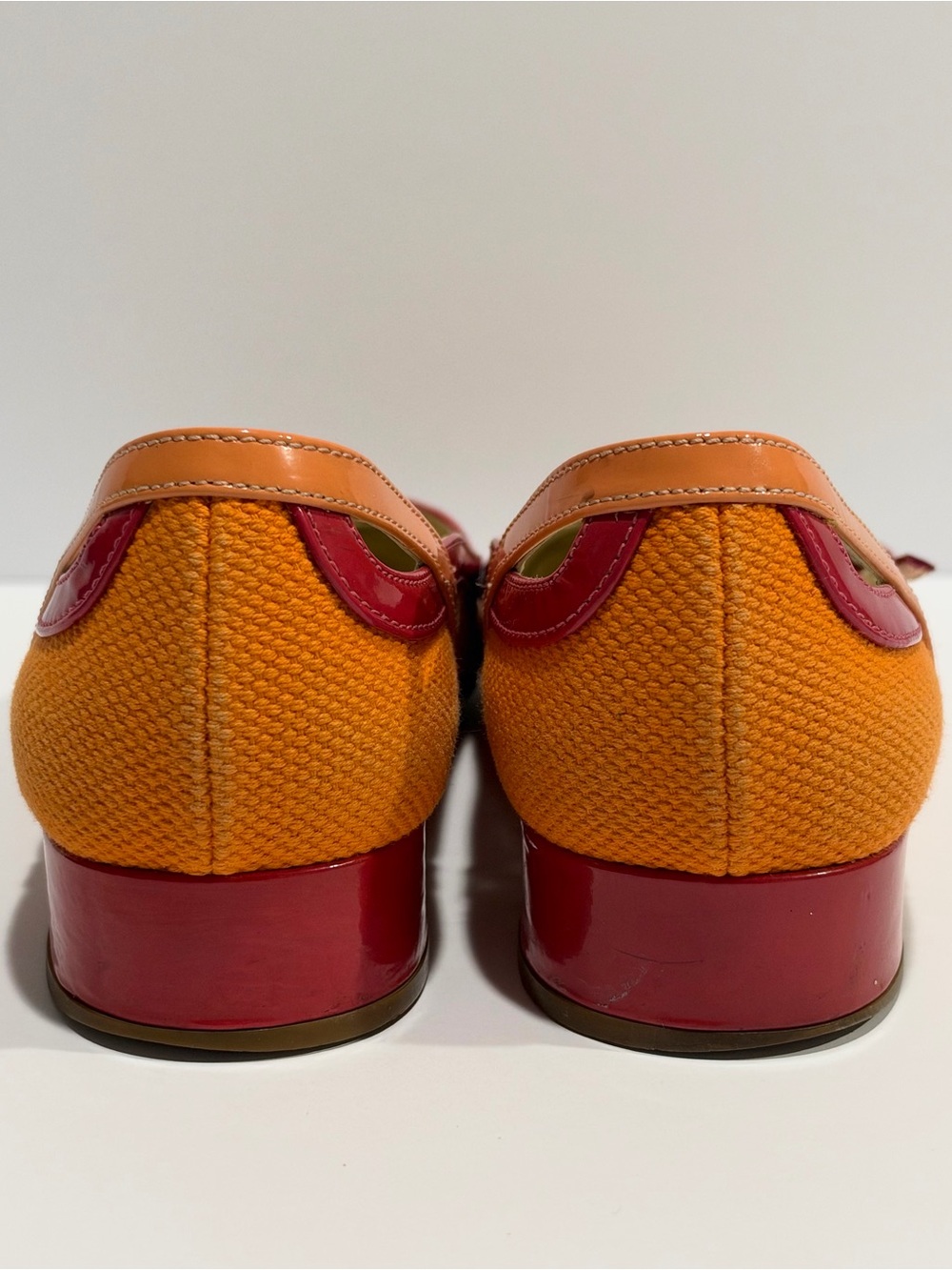 Prada Orange Pink Mary Jane Pumps Colorblock Low Block Heels EU 37 Mod - Picture 6 of 11